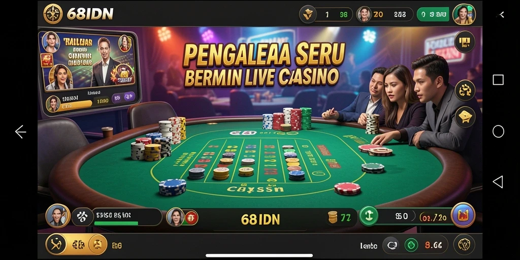 Screenshot gameplay Live Casino yang menampilkan dealer dan pemain berinteraksi.