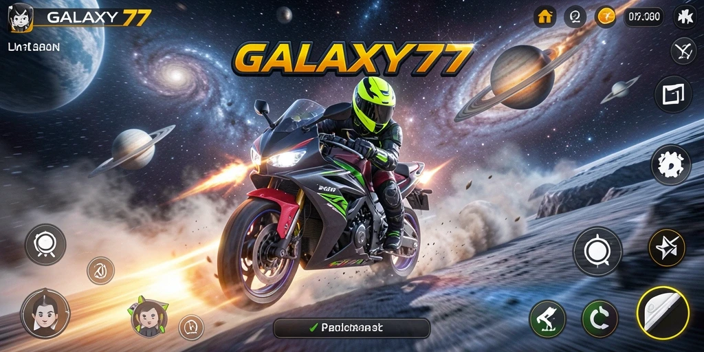 Screenshot gameplay GALAXY77 menampilkan mobil balap di trek luar angkasa.
