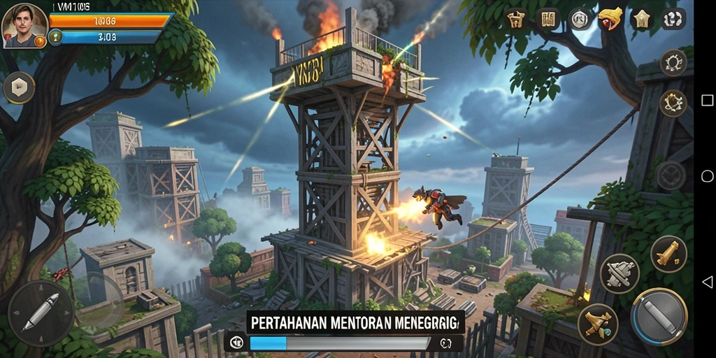 Tampilan gameplay menara pertahanan yang mendebarkan dan penuh strategi.